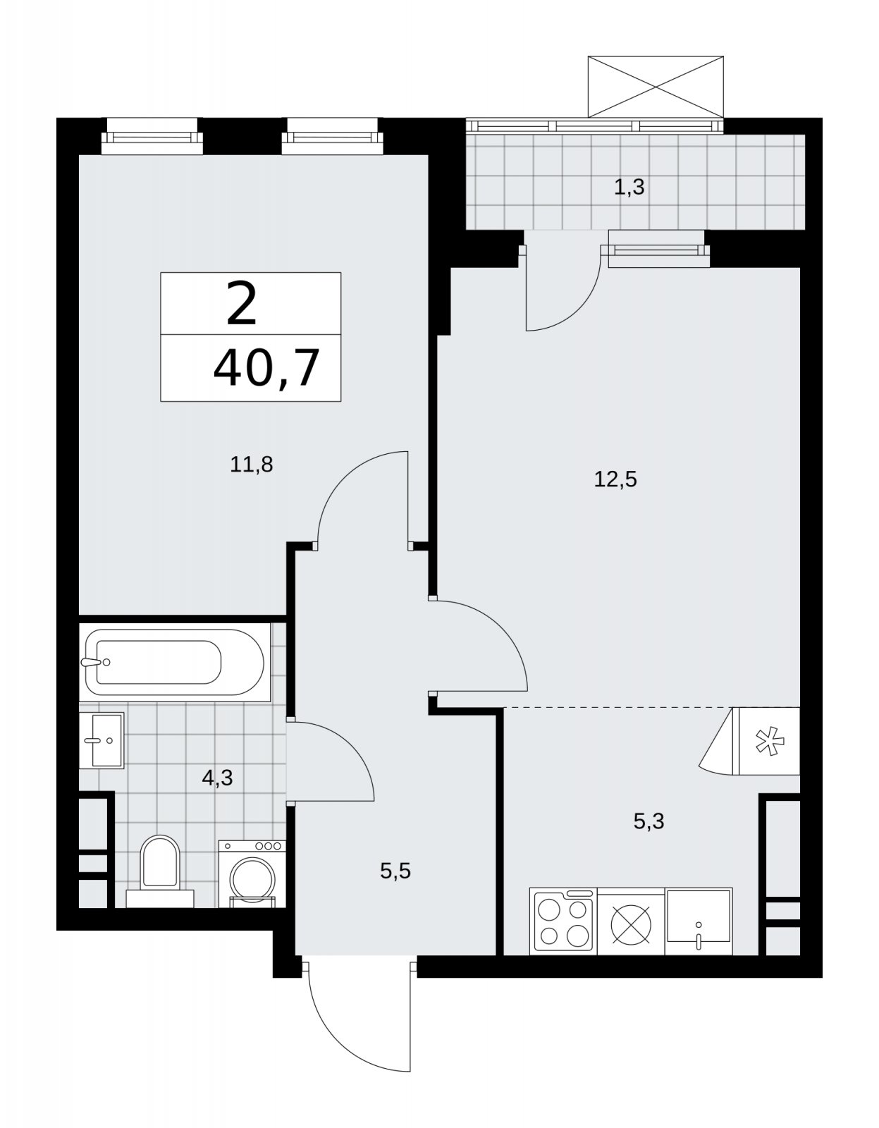 2-комнатная квартира (евро) без отделки, 40.7 м2, 12 этаж, сдача 1 квартал 2026 г., ЖК Прокшино, корпус 11.2.1 - объявление 2269886 - фото №1