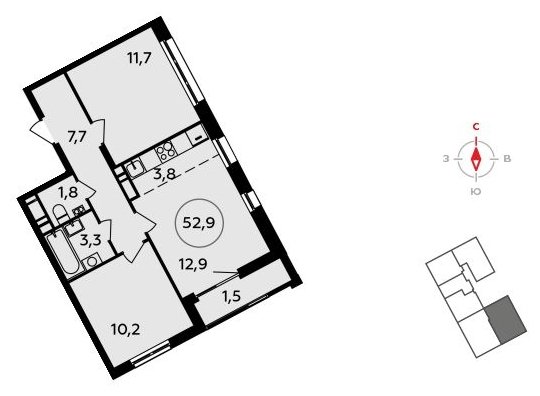 3-комнатная квартира (евро) без отделки, 52.9 м2, 13 этаж, сдача 3 квартал 2023 г., ЖК Прокшино, корпус 4.4 - объявление 1498360 - фото №1