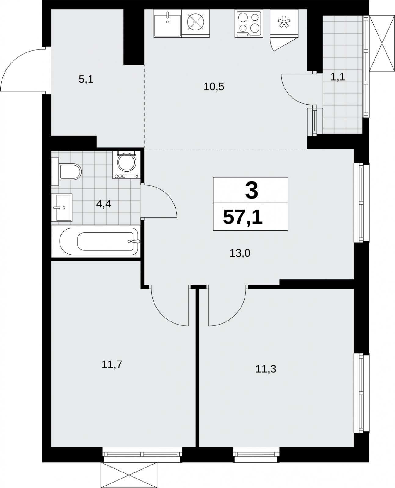 3-комнатная квартира (евро) без отделки, 57.1 м2, 10 этаж, сдача 2 квартал 2026 г., ЖК Дзен-кварталы, корпус 6.1.1 - объявление 2327187 - фото №1
