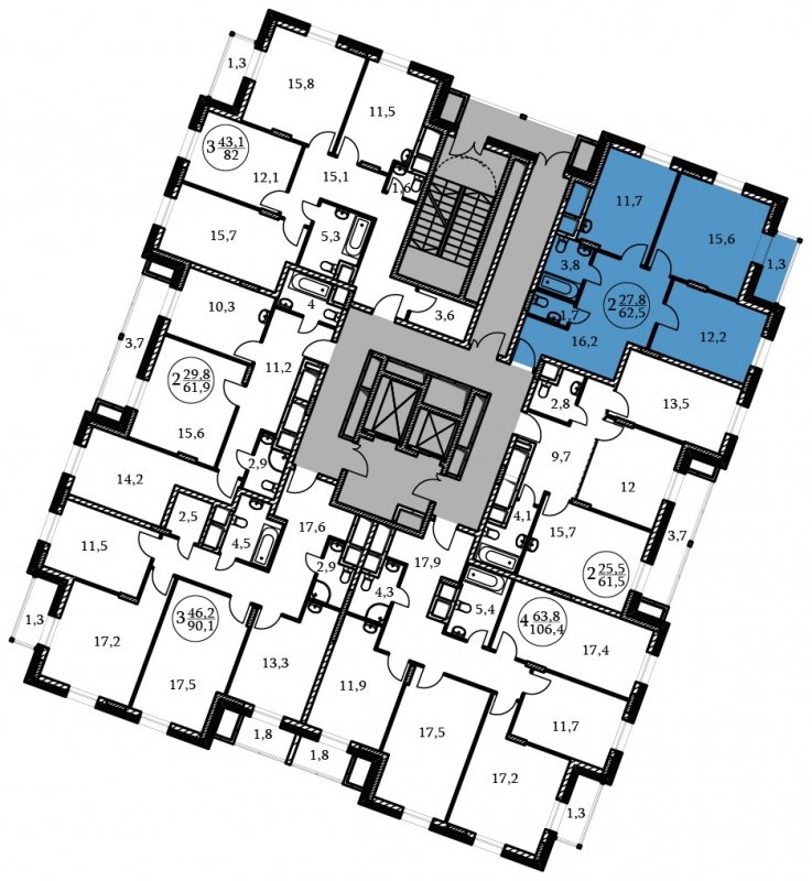2-комнатная квартира без отделки, 62.5 м2, 13 этаж, сдача 3 квартал 2022 г., ЖК Большая семерка, корпус 4 - объявление 1139465 - фото №1