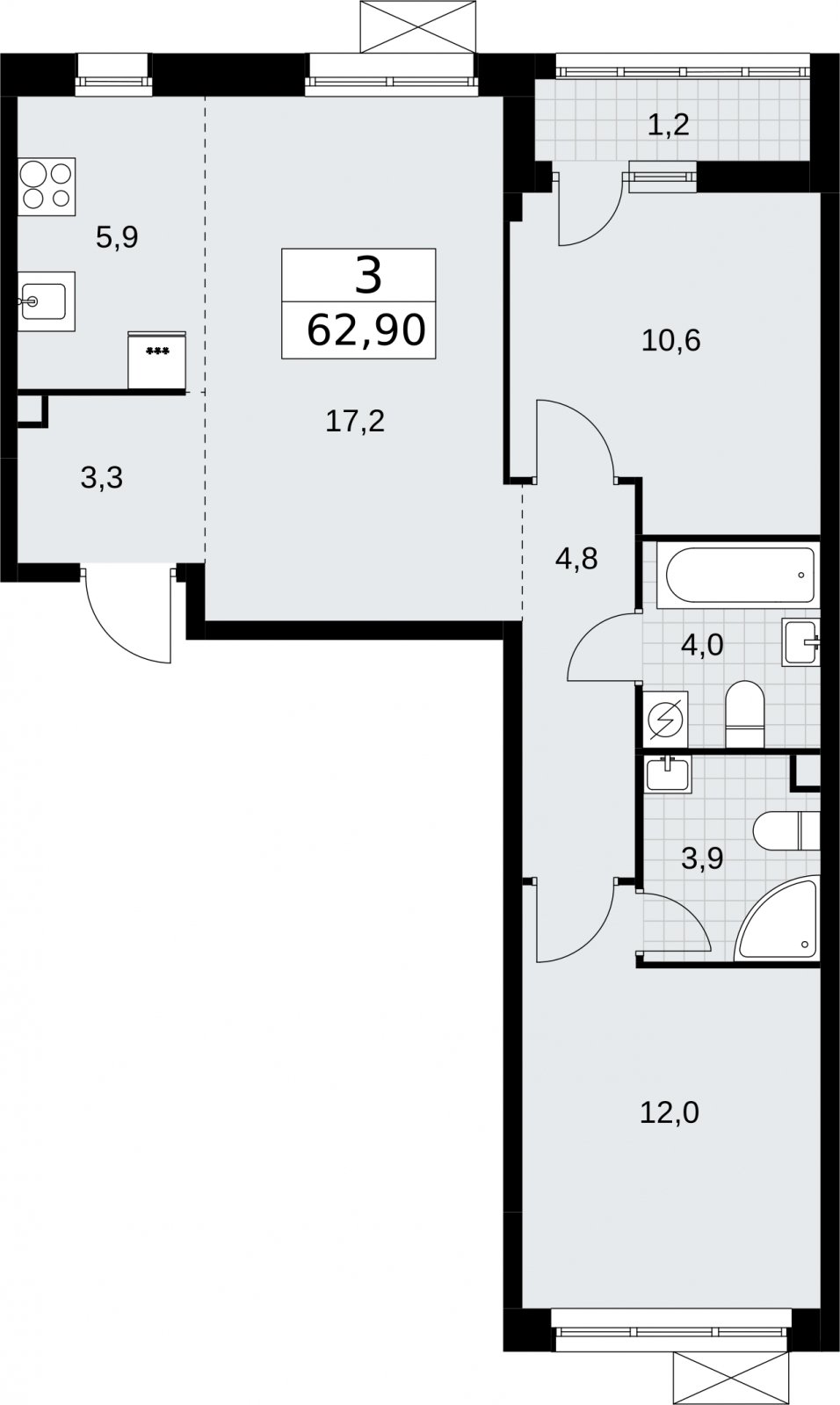 3-комнатная квартира (евро) без отделки, 62.9 м2, 2 этаж, сдача 3 квартал 2026 г., ЖК Родные кварталы, корпус 2 - объявление 2295463 - фото №1