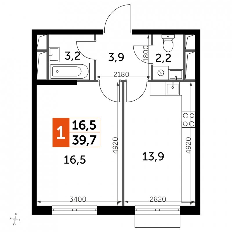 1-комнатная квартира с частичной отделкой, 39.7 м2, 2 этаж, сдача 3 квартал 2023 г., ЖК UP-квартал Римский, корпус 7 - объявление 1695784 - фото №1