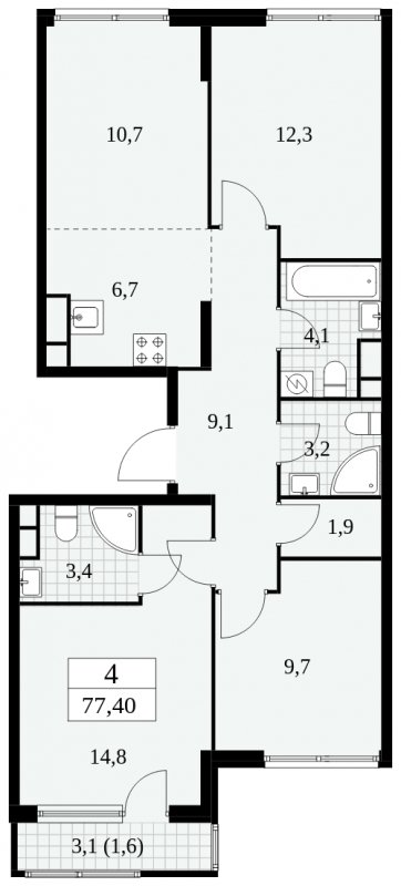 4-комнатная квартира (евро) без отделки, 77.4 м2, 17 этаж, сдача 2 квартал 2025 г., ЖК Южные сады, корпус 2.4 - объявление 1760483 - фото №1