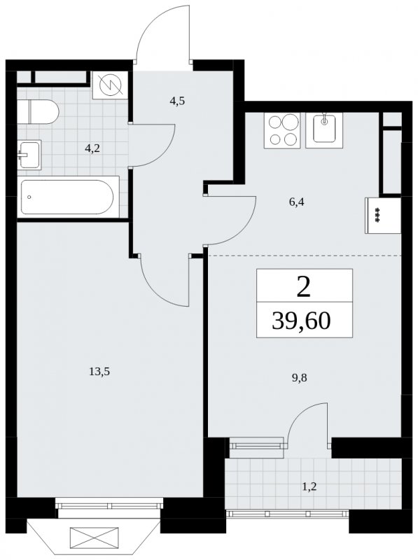 2-комнатная квартира (евро) с частичной отделкой, 39.6 м2, 12 этаж, сдача 2 квартал 2025 г., ЖК Бунинские кварталы, корпус 1.2 - объявление 1834526 - фото №1