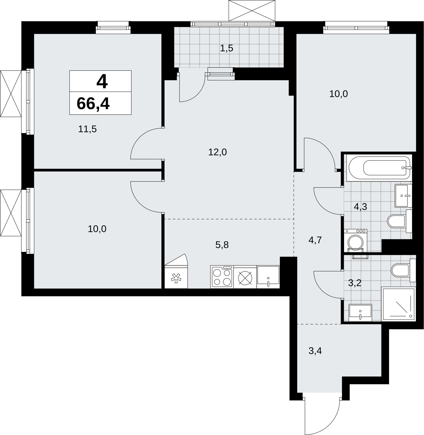 4-комнатная квартира (евро) без отделки, 66.4 м2, 4 этаж, сдача 2 квартал 2026 г., ЖК Дзен-кварталы, корпус 6.1.2 - объявление 2327233 - фото №1