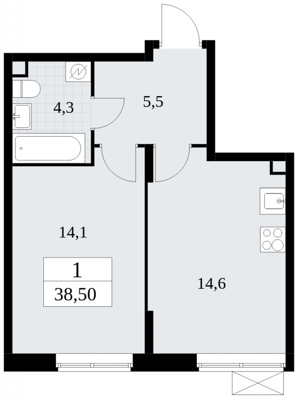 1-комнатная квартира без отделки, 38.5 м2, 2 этаж, сдача 1 квартал 2025 г., ЖК Прокшино, корпус 5.1.3 - объявление 1810786 - фото №1