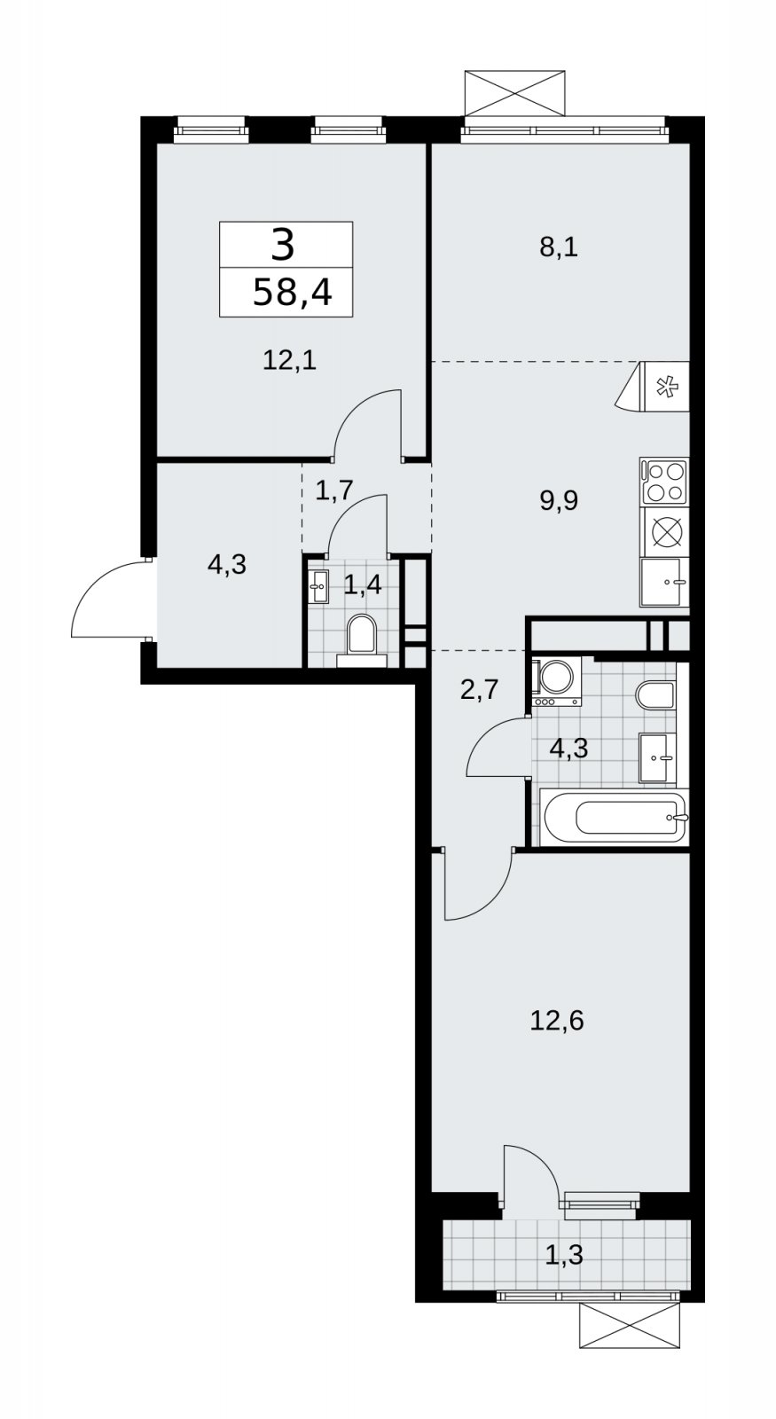 3-комнатная квартира (евро) с частичной отделкой, 58.4 м2, 15 этаж, сдача 2 квартал 2026 г., ЖК Прокшино, корпус 11.2.3 - объявление 2270249 - фото №1