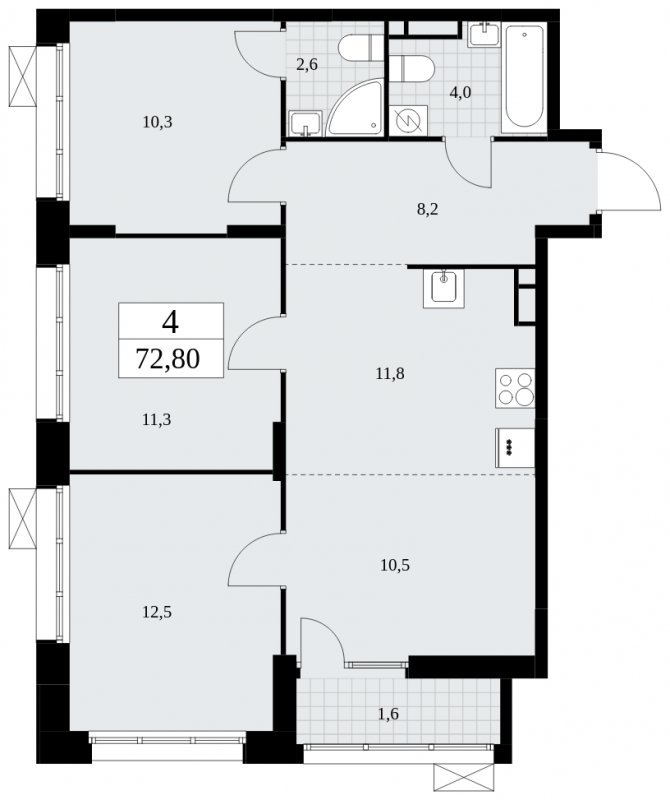 4-комнатная квартира (евро) с частичной отделкой, 72.8 м2, 9 этаж, сдача 4 квартал 2024 г., ЖК Бунинские кварталы, корпус 1.1 - объявление 1834228 - фото №1