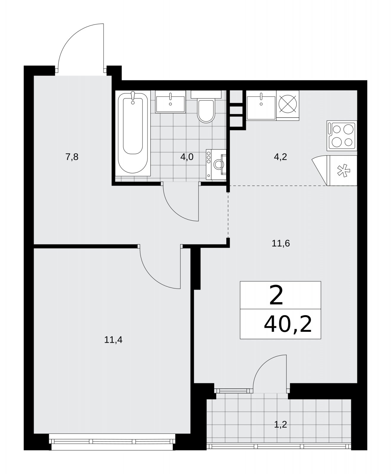 2-комнатная квартира (евро) с частичной отделкой, 40.2 м2, 8 этаж, сдача 2 квартал 2026 г., ЖК Деснаречье, корпус 4.4 - объявление 2264011 - фото №1
