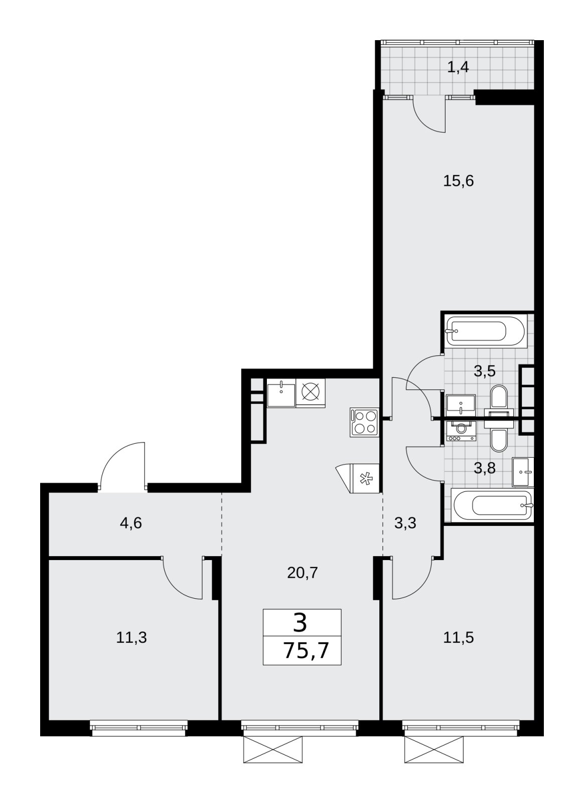 3-комнатная квартира без отделки, 75.7 м2, 11 этаж, сдача 1 квартал 2026 г., ЖК Деснаречье, корпус 4.2 - объявление 2263577 - фото №1