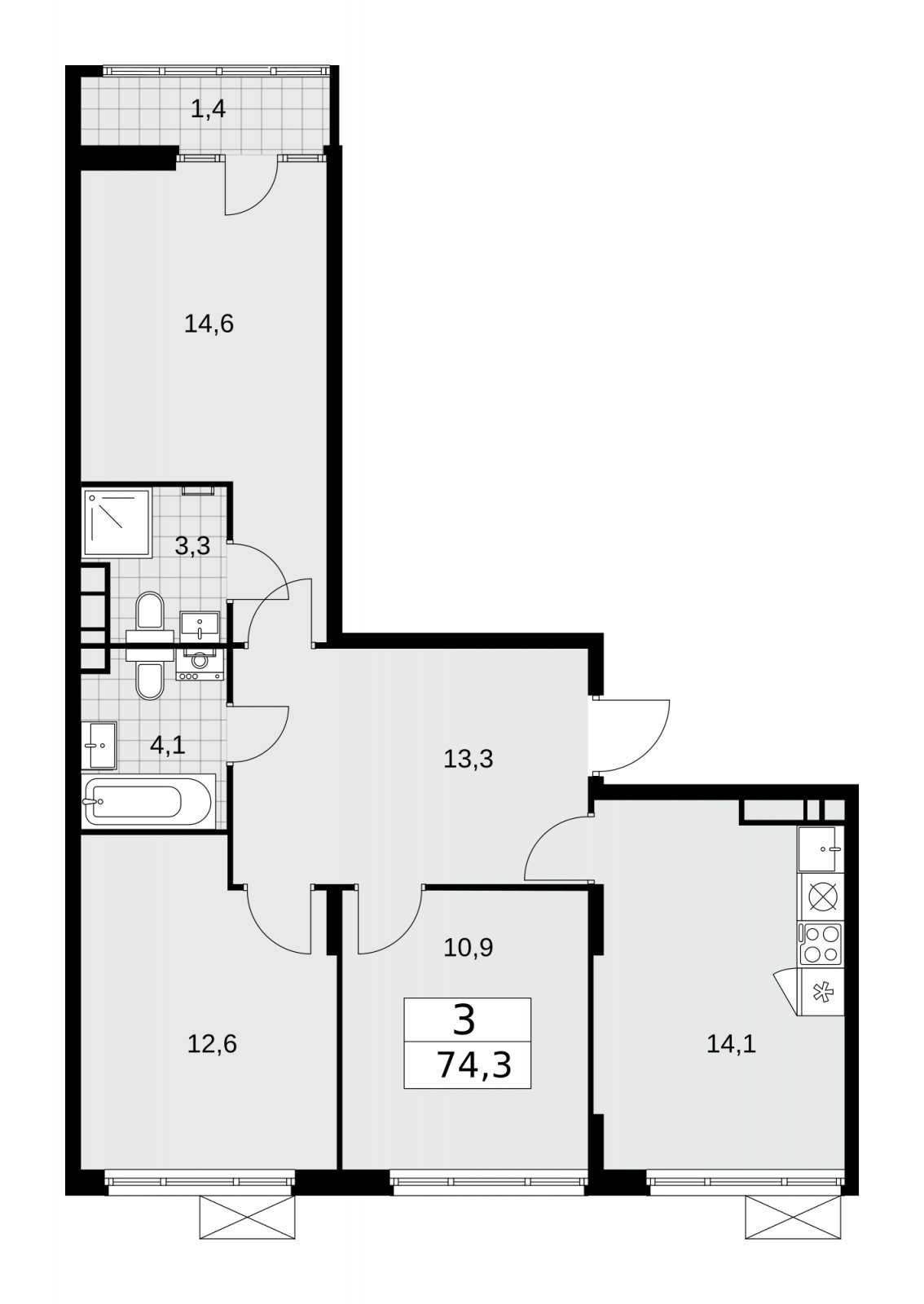 3-комнатная квартира без отделки, 74.3 м2, 8 этаж, сдача 1 квартал 2026 г., ЖК Деснаречье, корпус 4.2 - объявление 2263638 - фото №1