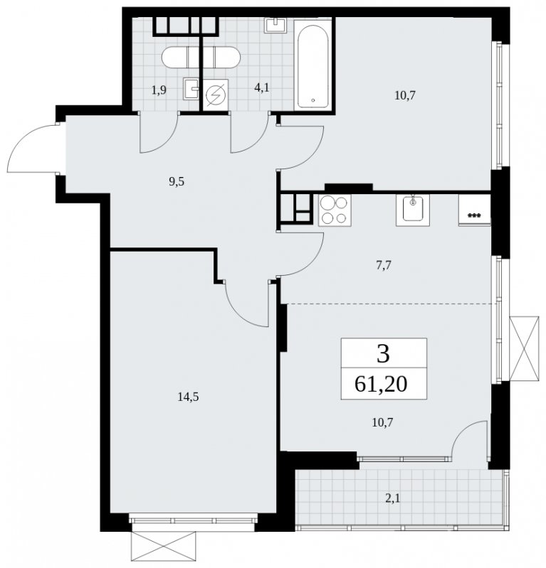 3-комнатная квартира (евро) без отделки, 61.2 м2, 19 этаж, сдача 4 квартал 2024 г., ЖК Бунинские кварталы, корпус 2.5 - объявление 1882815 - фото №1