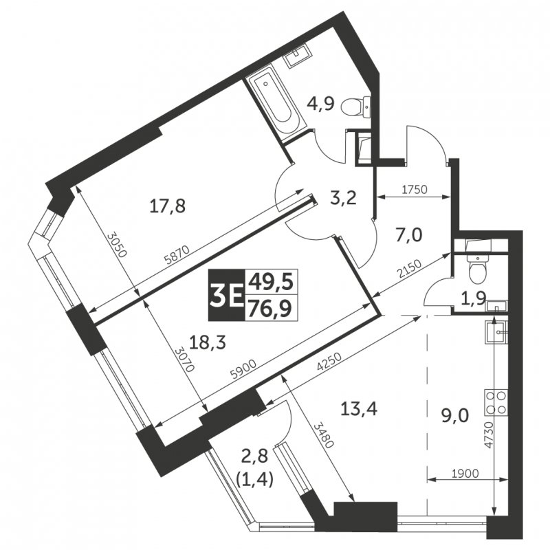 3-комнатная квартира с частичной отделкой, 76.9 м2, 13 этаж, сдача 4 квартал 2023 г., ЖК Архитектор, корпус 3 - объявление 1566065 - фото №1