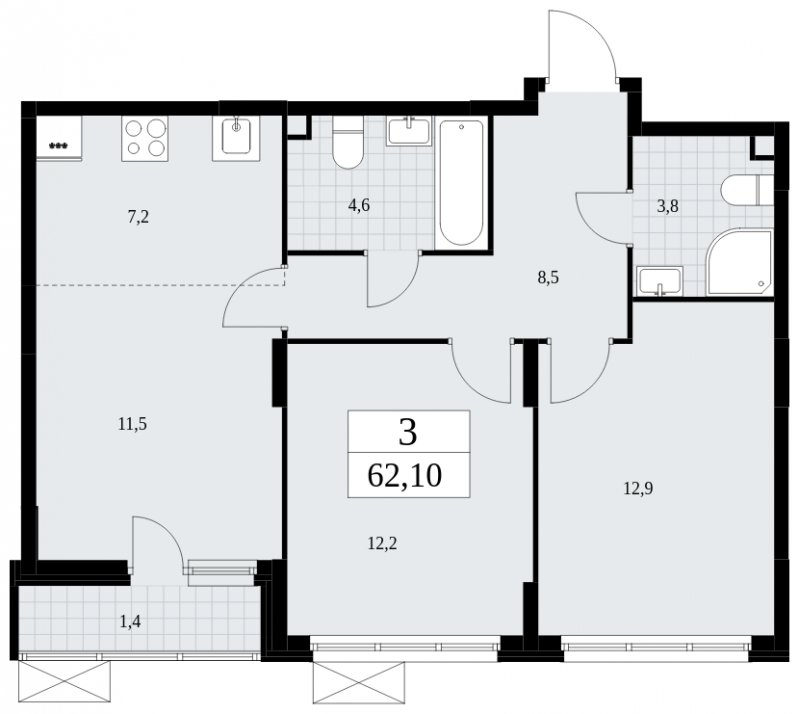 3-комнатная квартира (евро) без отделки, 62.1 м2, 2 этаж, сдача 4 квартал 2024 г., ЖК Скандинавия, корпус 35.2.2 - объявление 1841078 - фото №1