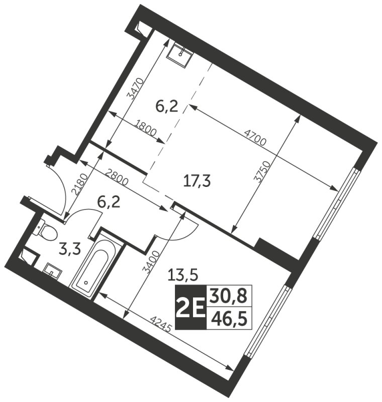 2-комнатная квартира без отделки, 46.5 м2, 36 этаж, сдача 4 квартал 2023 г., ЖК Архитектор, корпус 1 - объявление 1938388 - фото №1