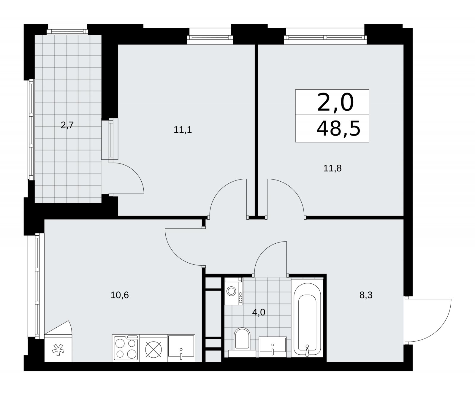 2-комнатная квартира с частичной отделкой, 48.5 м2, 14 этаж, сдача 2 квартал 2026 г., ЖК Дзен-кварталы, корпус 3.5 - объявление 2242556 - фото №1