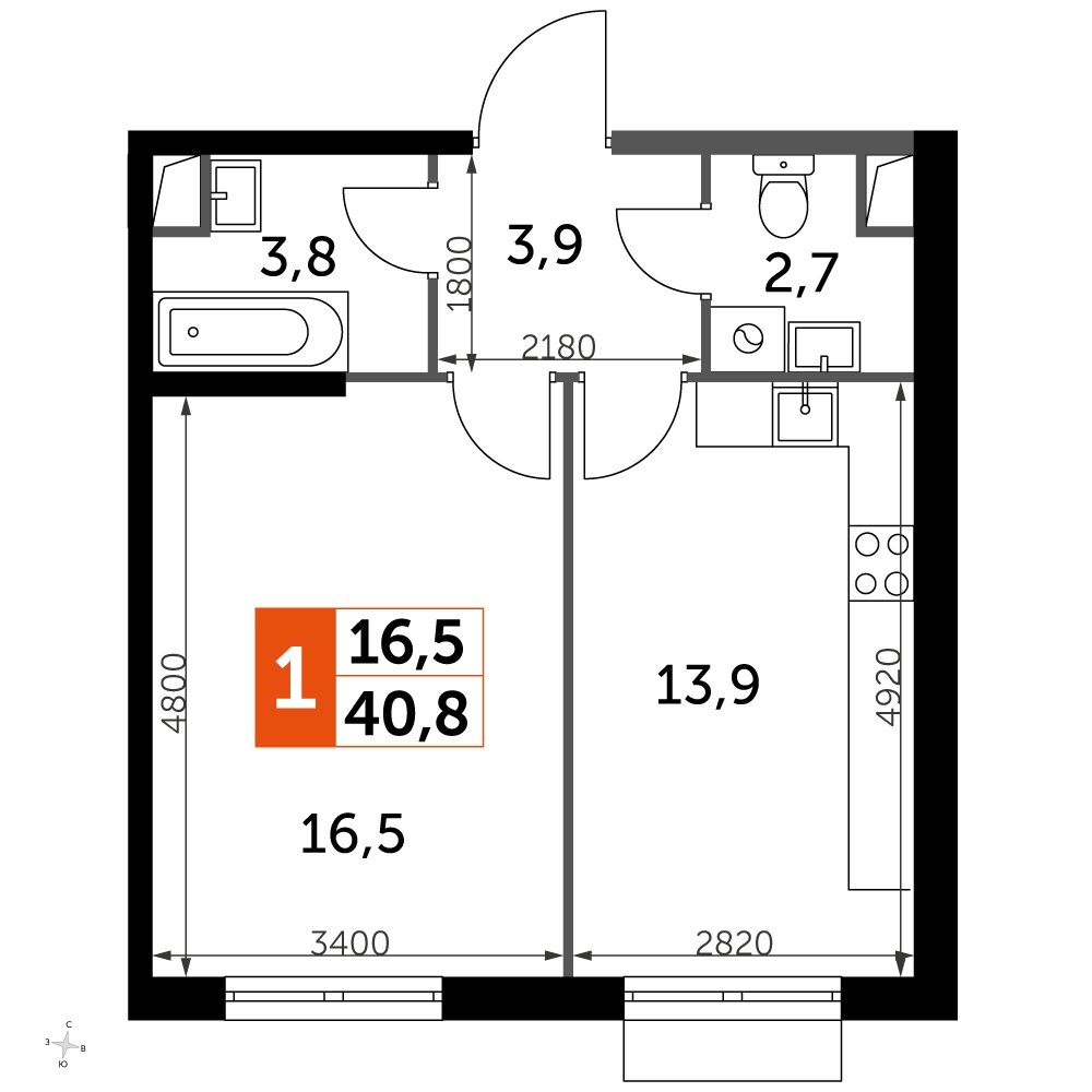 1-комнатная квартира с частичной отделкой, 40.8 м2, 1 этаж, дом сдан, ЖК UP-квартал Римский, корпус 7 - объявление 2208728 - фото №1