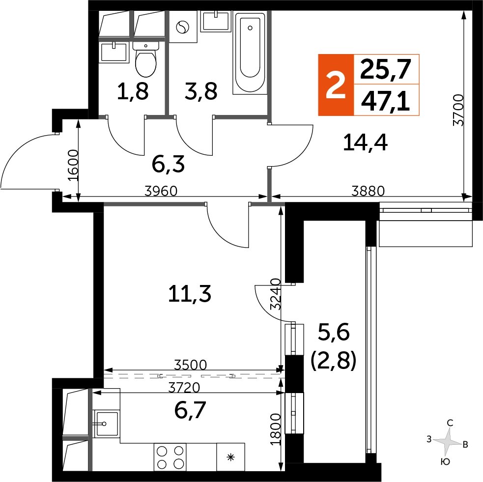 2-комнатная квартира без отделки, 47.1 м2, 14 этаж, дом сдан, ЖК UP-квартал Римский, корпус 7 - объявление 2259940 - фото №1