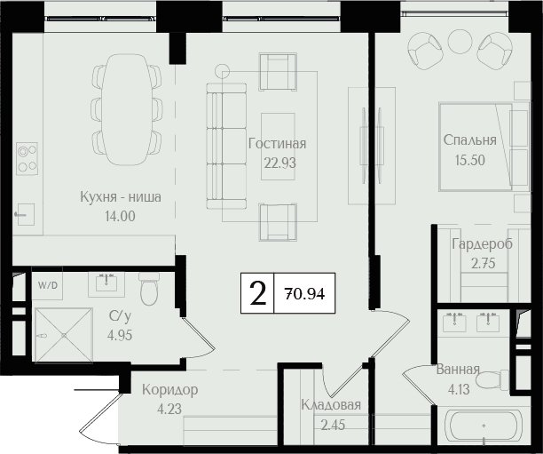 2-комнатная квартира (евро) без отделки, 70.94 м2, 9 этаж, сдача 3 квартал 2025 г., ЖК Преображенская площадь, корпус 3 - объявление 2405749 - фото №1