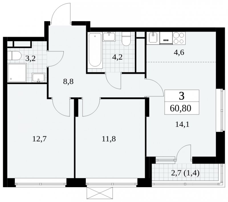 3-комнатная квартира (евро) без отделки, 60.8 м2, 14 этаж, сдача 3 квартал 2024 г., ЖК Прокшино, корпус 8.5 - объявление 1684240 - фото №1