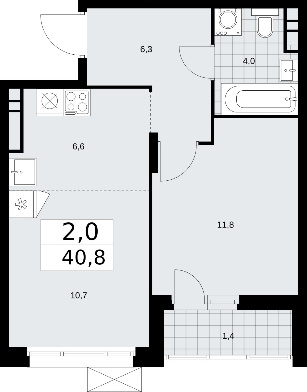 2-комнатная квартира (евро) с частичной отделкой, 40.8 м2, 11 этаж, сдача 2 квартал 2026 г., ЖК Прокшино, корпус 10.1.6 - объявление 2379252 - фото №1