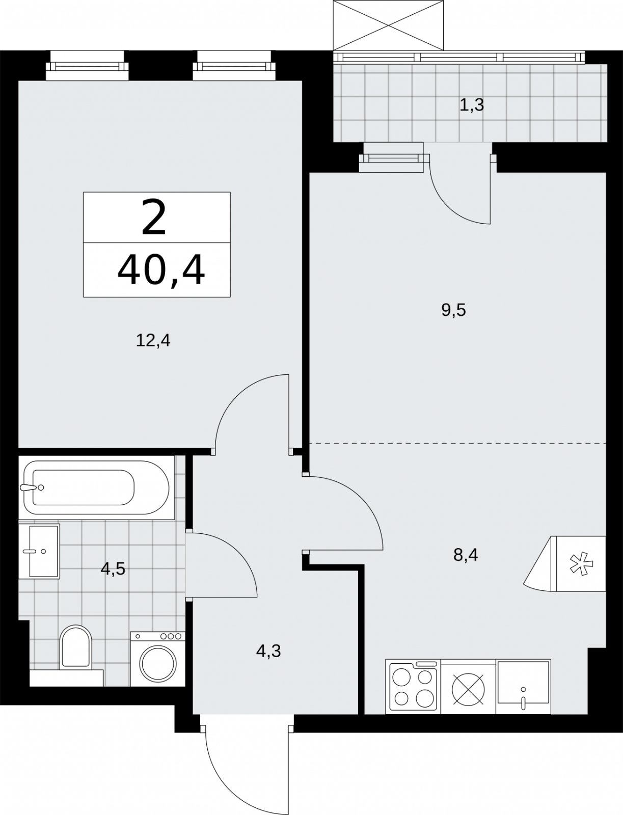 2-комнатная квартира (евро) без отделки, 40.4 м2, 4 этаж, сдача 2 квартал 2026 г., ЖК Бунинские кварталы, корпус 7.3 - объявление 2313607 - фото №1