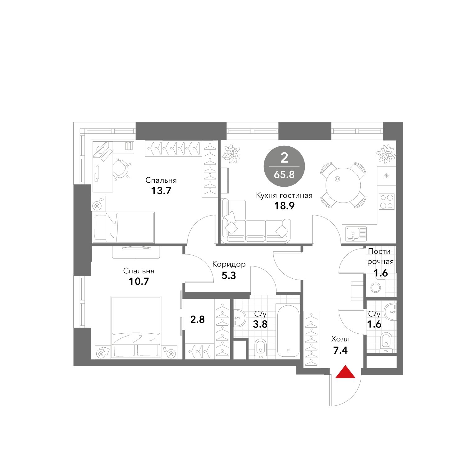 2-комнатные апартаменты без отделки, 65.8 м2, 15 этаж, сдача 3 квартал 2025 г., ЖК VOXHALL, корпус 4 - объявление 1981817 - фото №1