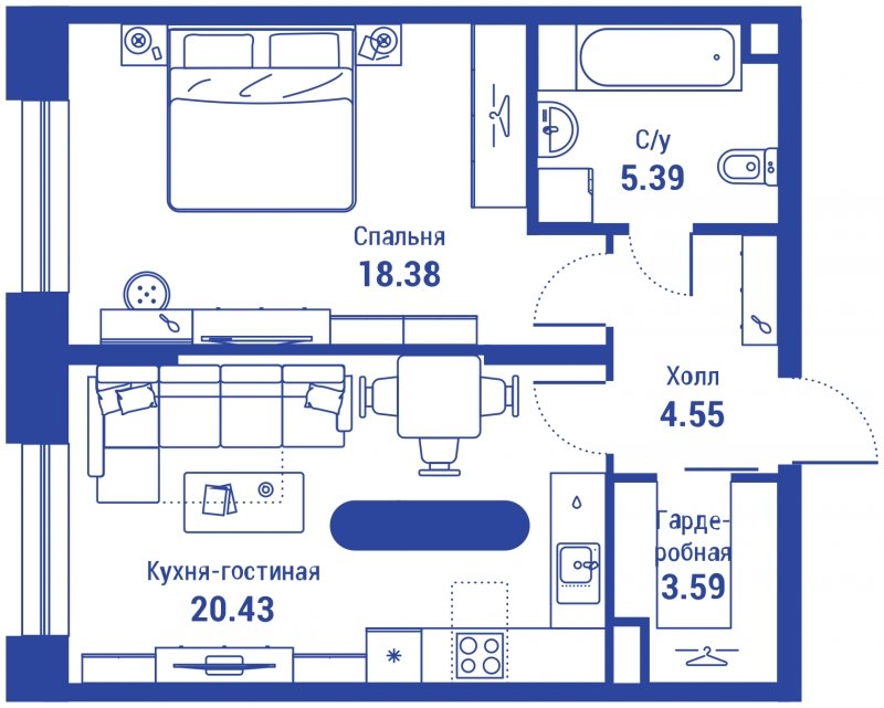 2-комнатная квартира с полной отделкой, 52.34 м2, 2 этаж, сдача 3 квартал 2024 г., ЖК iLove, корпус 2 - объявление 1935170 - фото №1