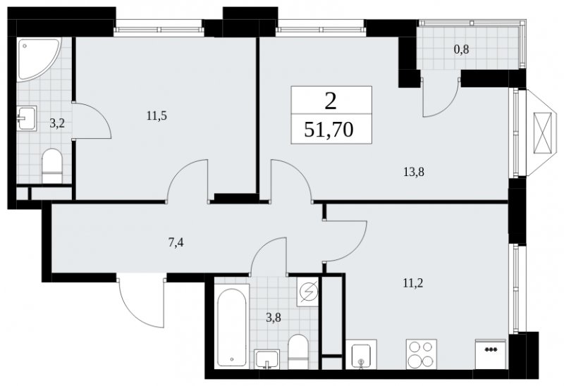 2-комнатная квартира с частичной отделкой, 51.7 м2, 16 этаж, сдача 4 квартал 2024 г., ЖК Бунинские кварталы, корпус 1.2 - объявление 1834392 - фото №1