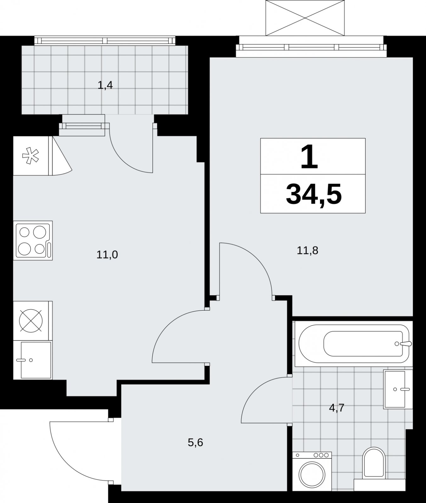 1-комнатная квартира без отделки, 34.5 м2, 13 этаж, сдача 2 квартал 2026 г., ЖК Бунинские кварталы, корпус 9.4 - объявление 2324586 - фото №1