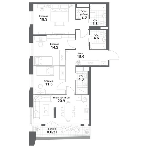 3-комнатная квартира без отделки, 99.7 м2, 16 этаж, сдача 1 квартал 2023 г., ЖК Nagatino i-Land, корпус А1 - объявление 1666573 - фото №1
