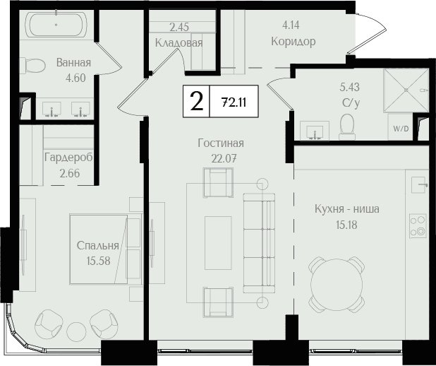 2-комнатная квартира без отделки, 72.11 м2, 2 этаж, сдача 3 квартал 2025 г., ЖК Преображенская площадь, корпус 3 - объявление 2287641 - фото №1