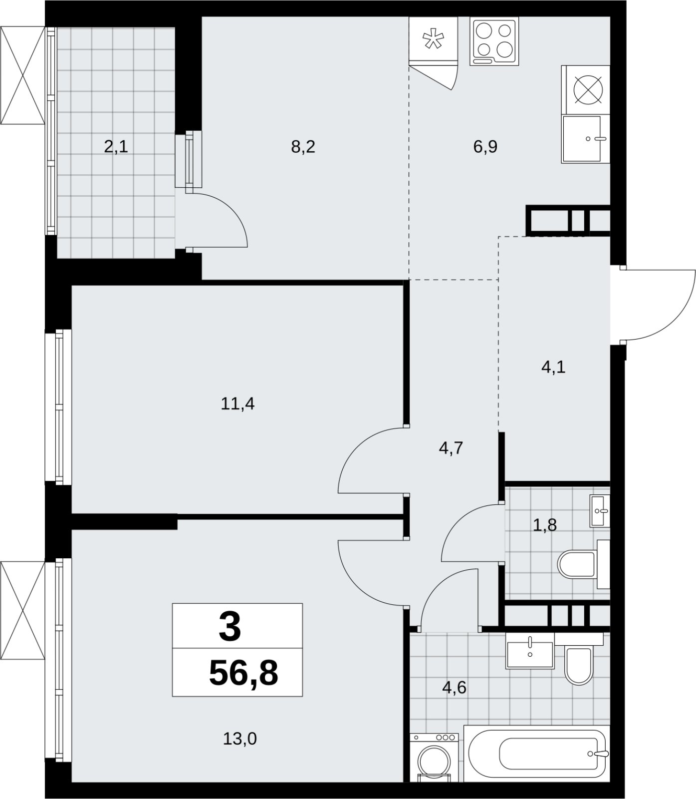 3-комнатная квартира (евро) без отделки, 56.8 м2, 5 этаж, сдача 4 квартал 2026 г., ЖК Скандинавия, корпус 2.18.1.1 - объявление 2350585 - фото №1