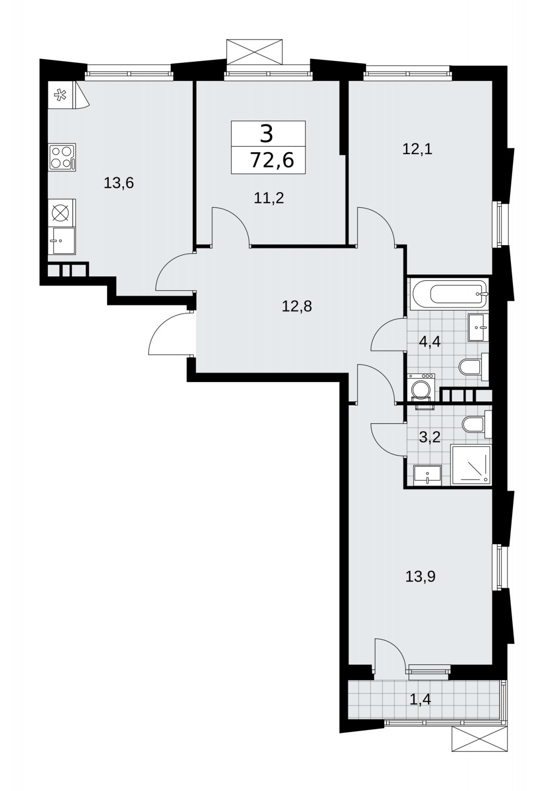 3-комнатная квартира с частичной отделкой, 72.6 м2, 11 этаж, сдача 1 квартал 2026 г., ЖК Прокшино, корпус 11.1.3 - объявление 2257403 - фото №1