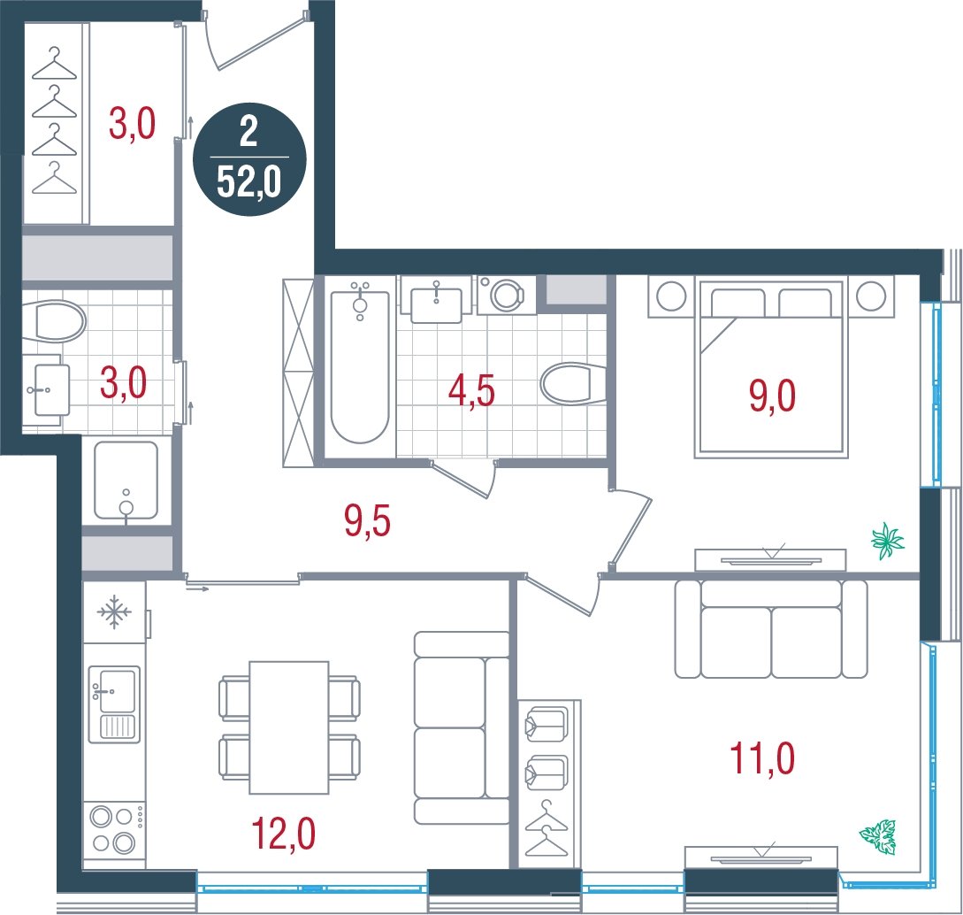 2-комнатная квартира без отделки, 52 м2, 11 этаж, дом сдан, ЖК РУСИЧ Новые Котельники, корпус 4 - объявление 2433353 - фото №1