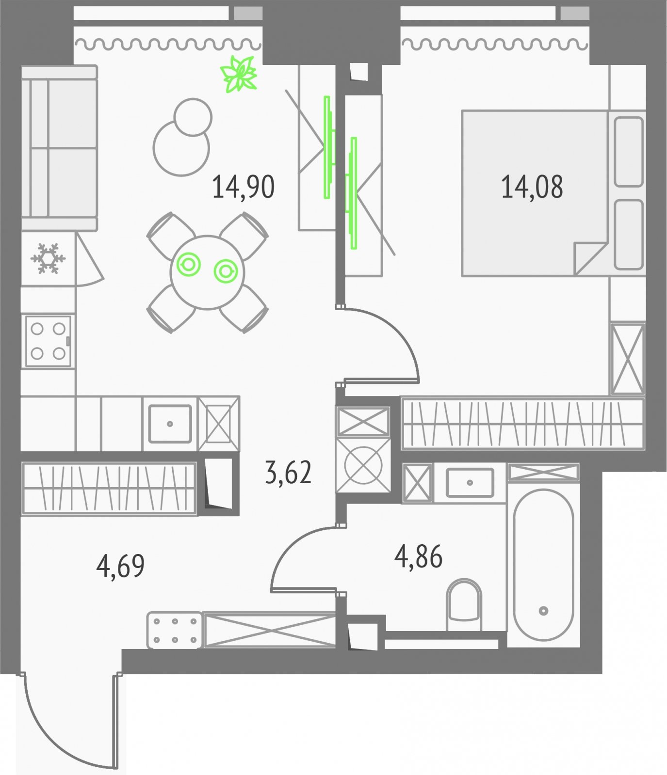 1-комнатная квартира без отделки, 41.87 м2, 5 этаж, сдача 2 квартал 2026 г., ЖК Upside Towers, корпус 1 - объявление 2326467 - фото №1