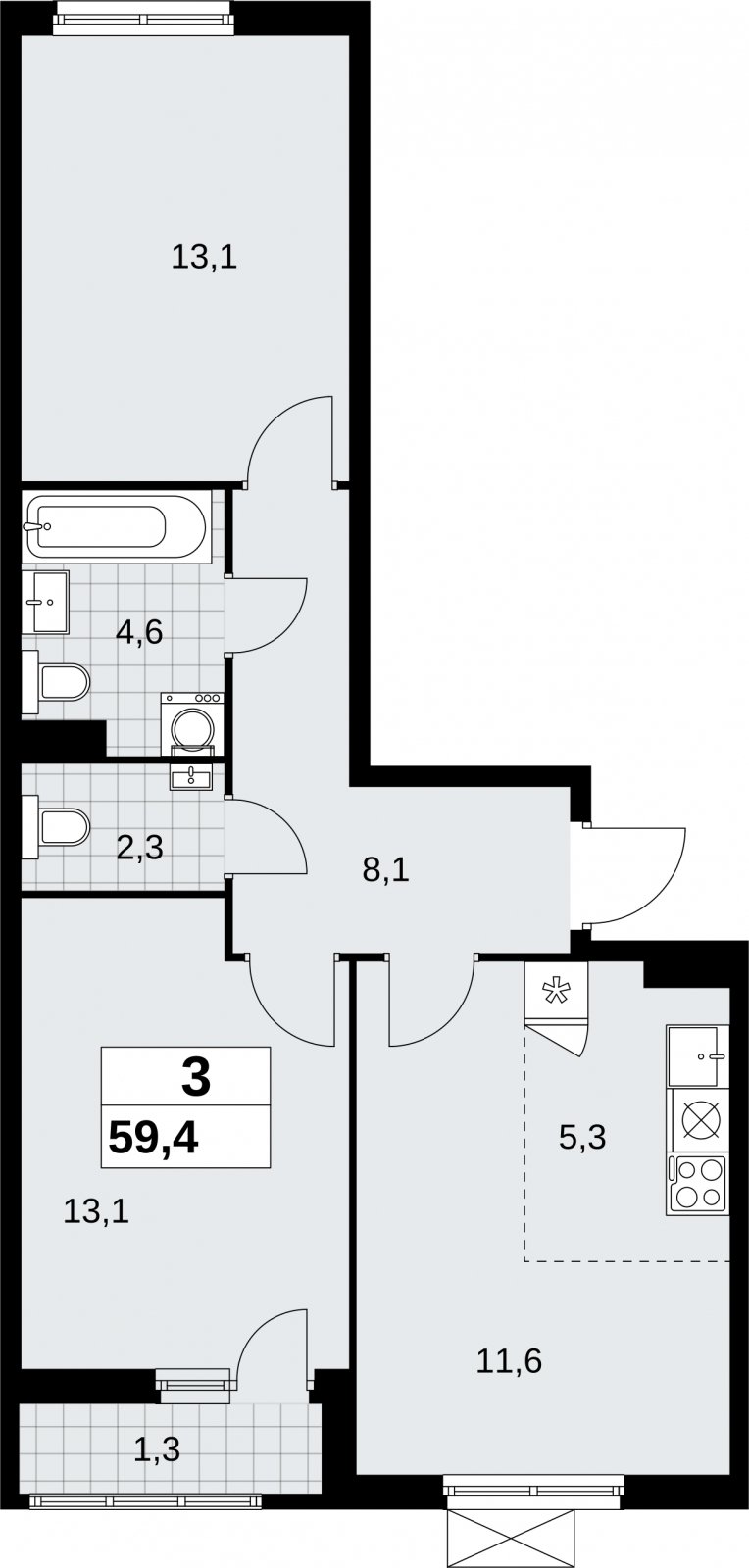 3-комнатная квартира (евро) без отделки, 59.4 м2, 5 этаж, сдача 2 квартал 2026 г., ЖК Дзен-кварталы, корпус 6.1.1 - объявление 2326996 - фото №1