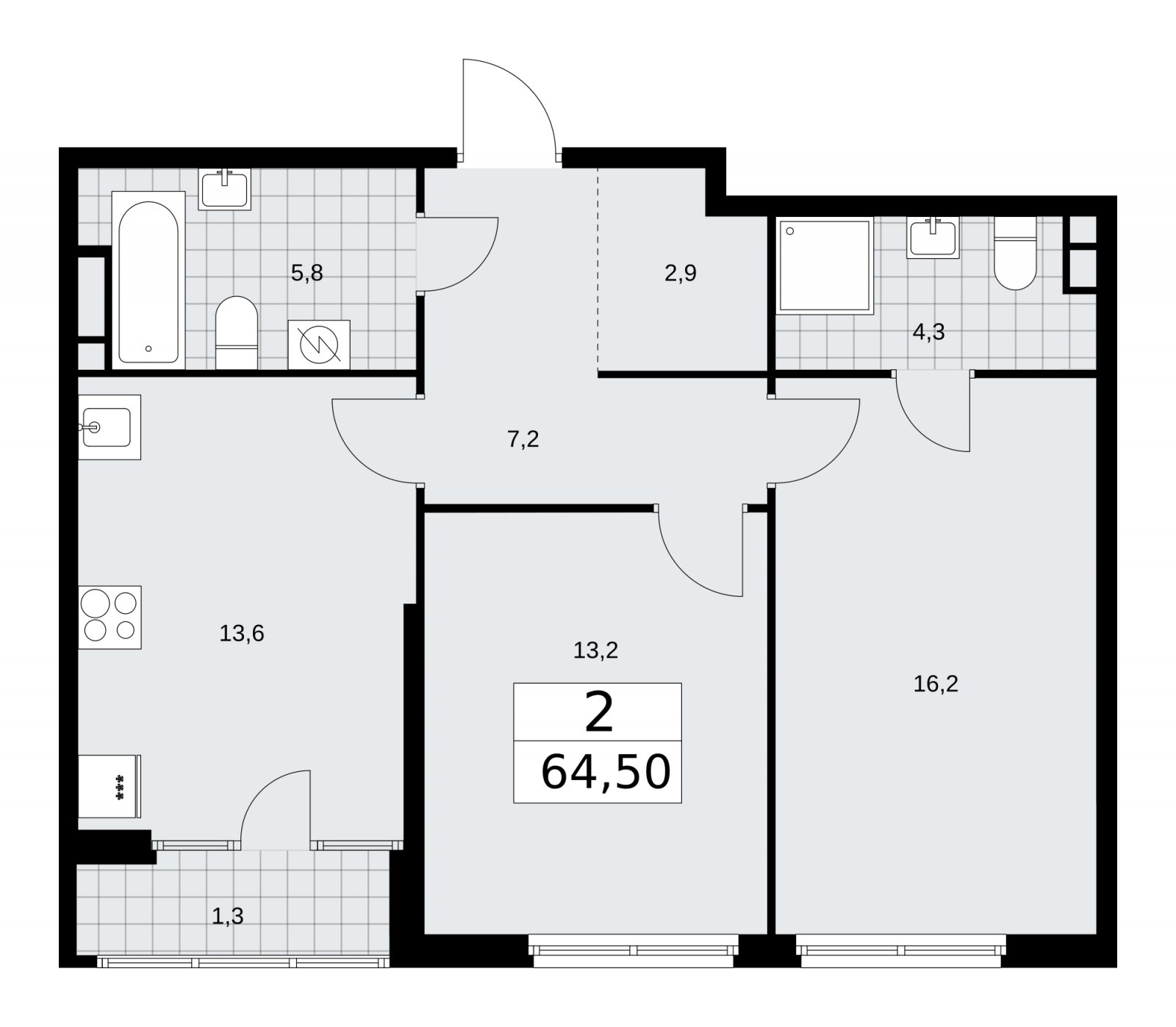 2-комнатная квартира с частичной отделкой, 64.5 м2, 10 этаж, сдача 1 квартал 2026 г., ЖК Дом на Зорге, корпус 25 - объявление 2221081 - фото №1