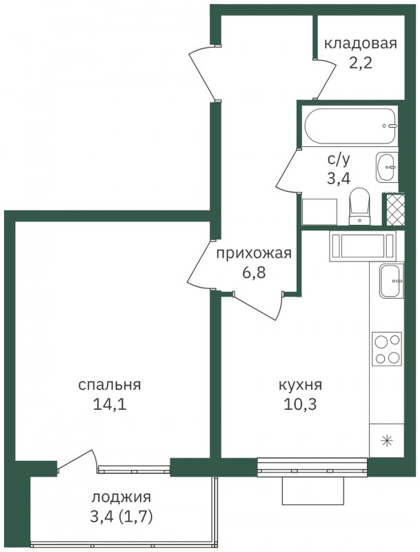 1-комнатная квартира с частичной отделкой, 38.5 м2, 9 этаж, сдача 1 квартал 2023 г., ЖК Зеленая Вертикаль, корпус 7 - объявление 1871791 - фото №1