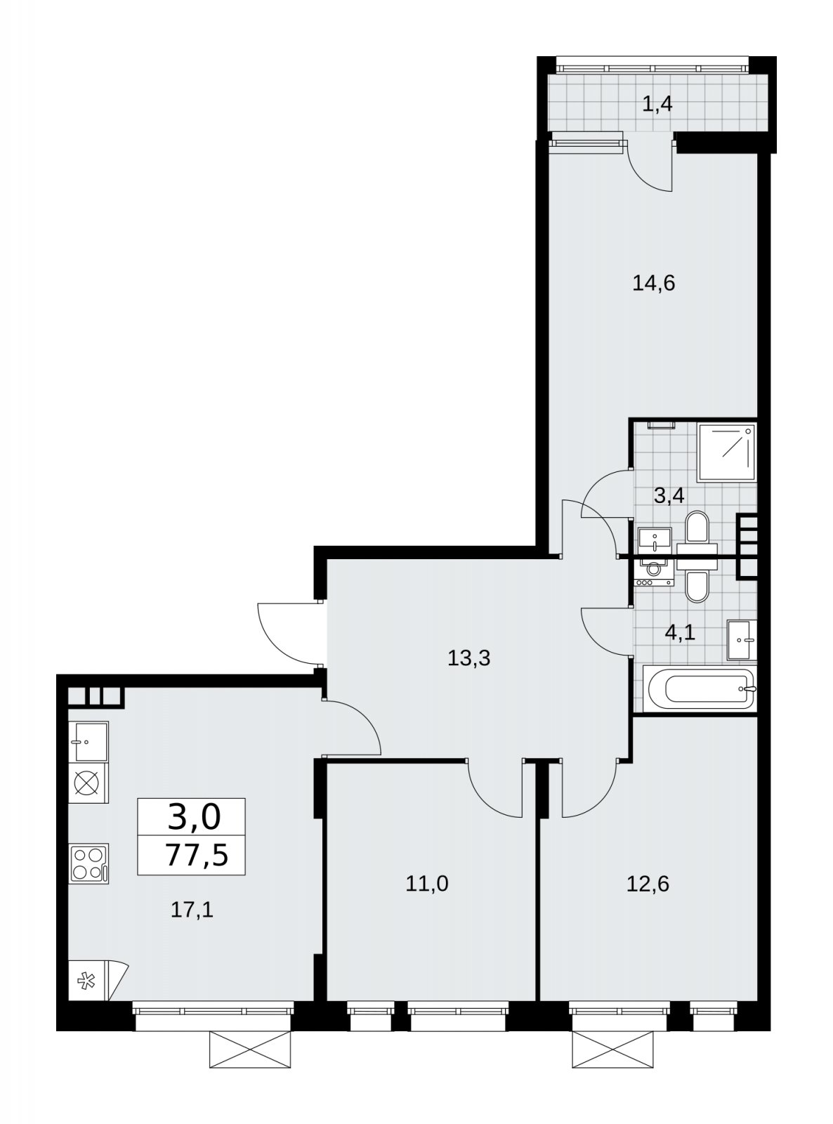 3-комнатная квартира с частичной отделкой, 77.5 м2, 5 этаж, сдача 2 квартал 2026 г., ЖК Прокшино, корпус 10.1.5 - объявление 2227758 - фото №1