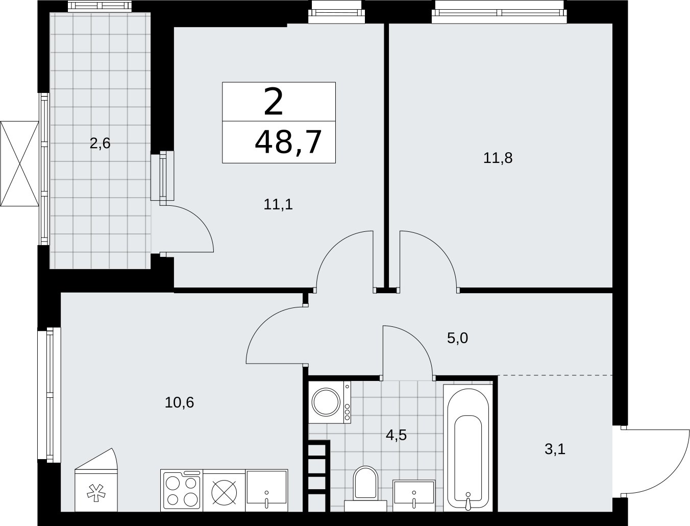 2-комнатная квартира без отделки, 48.7 м2, 5 этаж, сдача 2 квартал 2026 г., ЖК Бунинские кварталы, корпус 5.3 - объявление 2297530 - фото №1