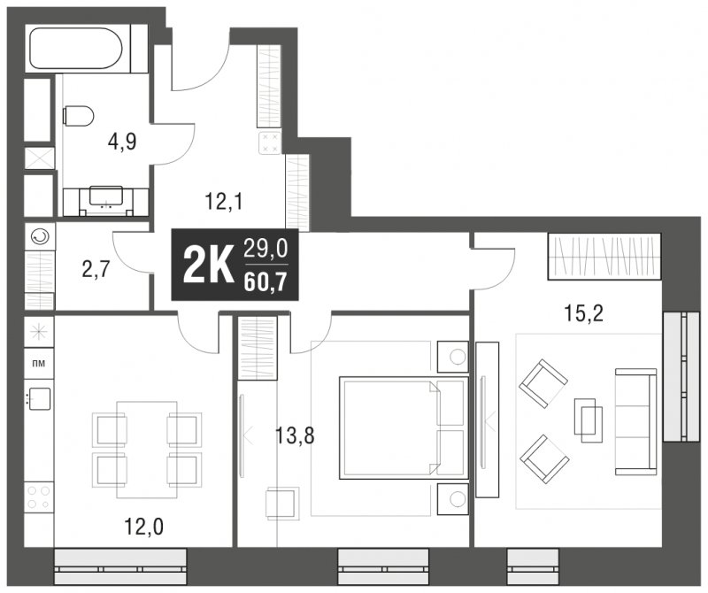 2-комнатная квартира с частичной отделкой, 60.7 м2, 16 этаж, сдача 2 квартал 2024 г., ЖК AFI Tower, корпус 1 - объявление 1930904 - фото №1