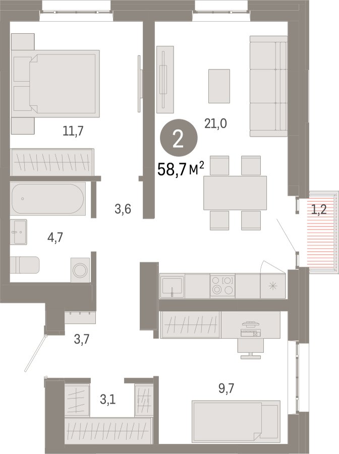2-комнатная квартира с частичной отделкой, 58.7 м2, 11 этаж, сдача 3 квартал 2026 г., ЖК Квартал Метроном, корпус 1 - объявление 2372343 - фото №1