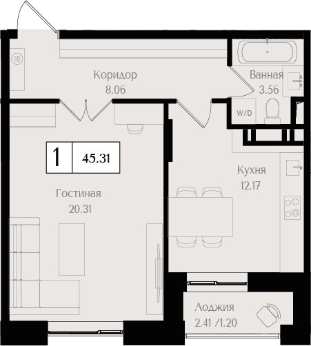 1-комнатная квартира без отделки, 45.31 м2, 6 этаж, сдача 3 квартал 2025 г., ЖК Преображенская площадь, корпус 3 - объявление 2404271 - фото №1