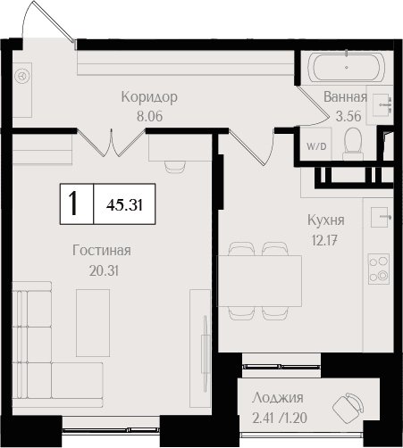 1-комнатная квартира без отделки, 45.3 м2, 17 этаж, сдача 3 квартал 2025 г., ЖК Преображенская площадь, корпус 3 - объявление 2458389 - фото №1