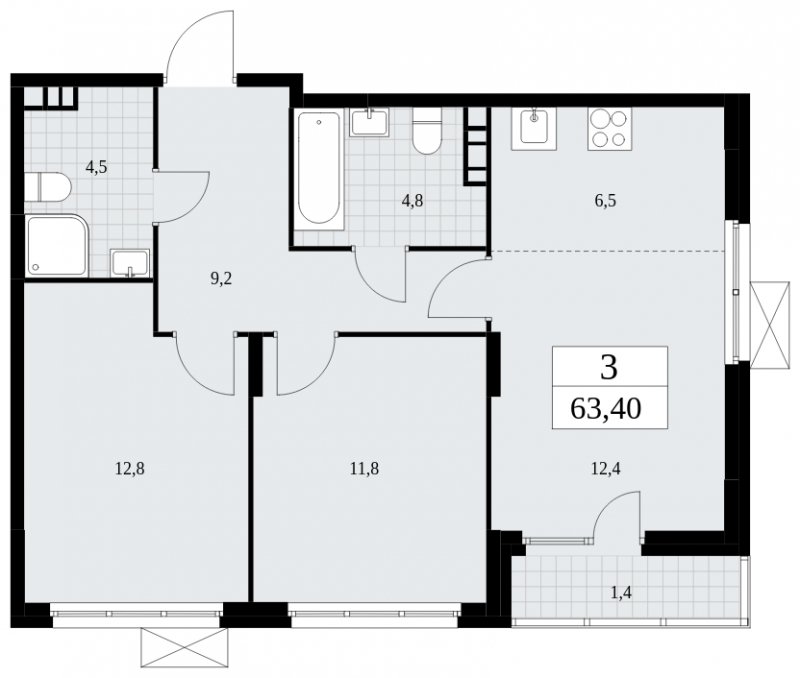 3-комнатная квартира (евро) с частичной отделкой, 63.4 м2, 4 этаж, сдача 4 квартал 2024 г., ЖК Скандинавия, корпус 35.1.4 - объявление 1779685 - фото №1
