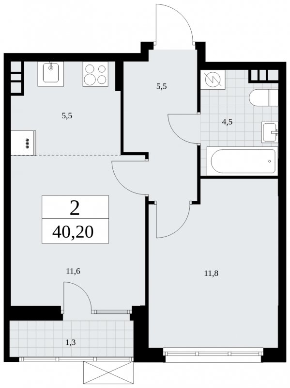 2-комнатная квартира (евро) без отделки, 40.2 м2, 4 этаж, сдача 4 квартал 2024 г., ЖК Бунинские кварталы, корпус 2.4 - объявление 1882598 - фото №1