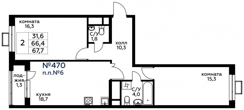 2-комнатная квартира без отделки, 67.7 м2, 16 этаж, сдача 4 квартал 2022 г., ЖК Вереск, корпус 2 - объявление 1602135 - фото №1