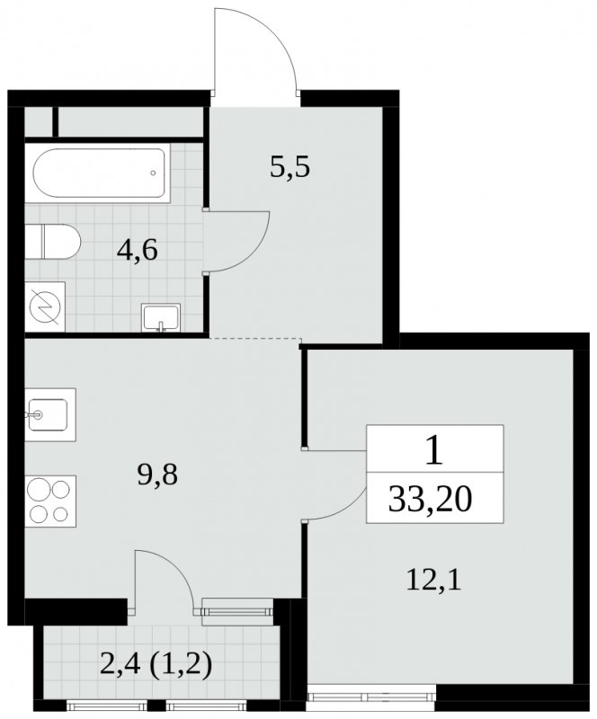 1-комнатная квартира без отделки, 33.2 м2, 6 этаж, сдача 2 квартал 2025 г., ЖК Южные сады, корпус 2.3 - объявление 1758056 - фото №1