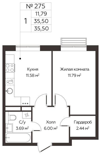1-комнатная квартира с полной отделкой, 35.5 м2, 9 этаж, сдача 3 квартал 2024 г., ЖК МелисСад, корпус 1 - объявление 1861098 - фото №1